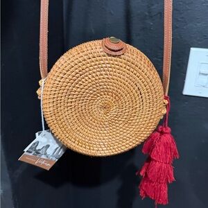 Round Woven Bag with Red Tassel